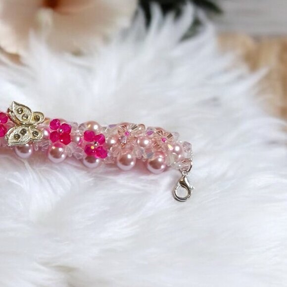 Baby Pink Faux Pearl Fuchsia Bead and Silver Butterfly Beaded Bracelet - Picture 8 of 11